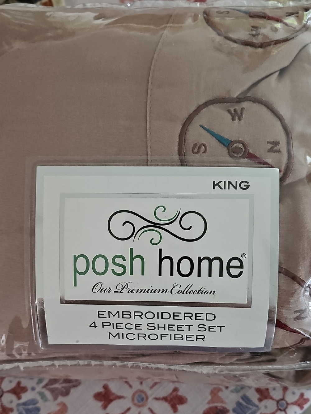 RV Posh Home King Embroidered Microfiber Sheet Set in Taupe with Compass Motif